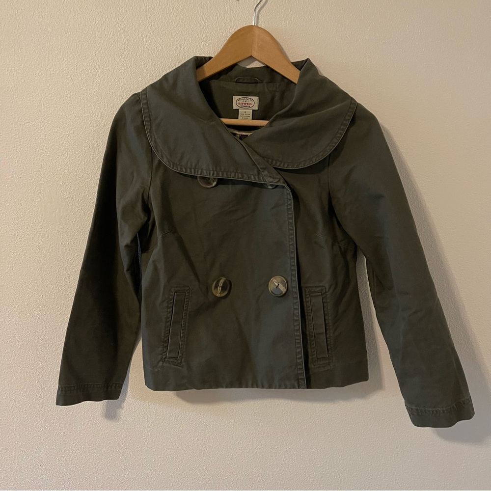 Anthropologie Sitwell Double Breasted Olive Green Semi Crop Blazer Cotton-6